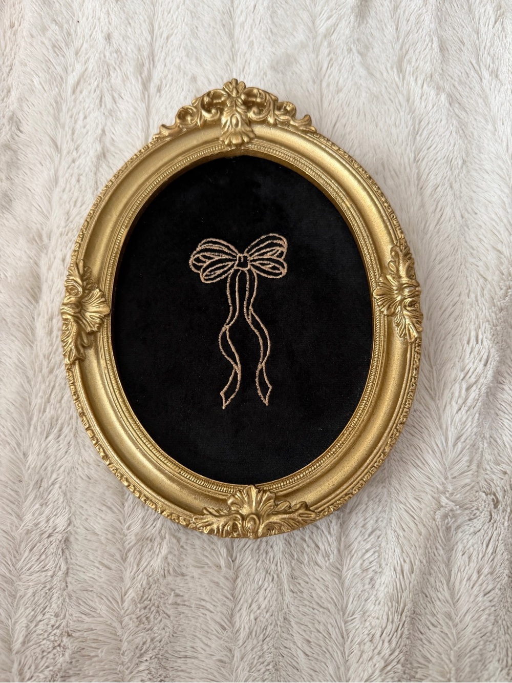 Gold Oval Wall Frame with Black Velvet and Embroidered Bow